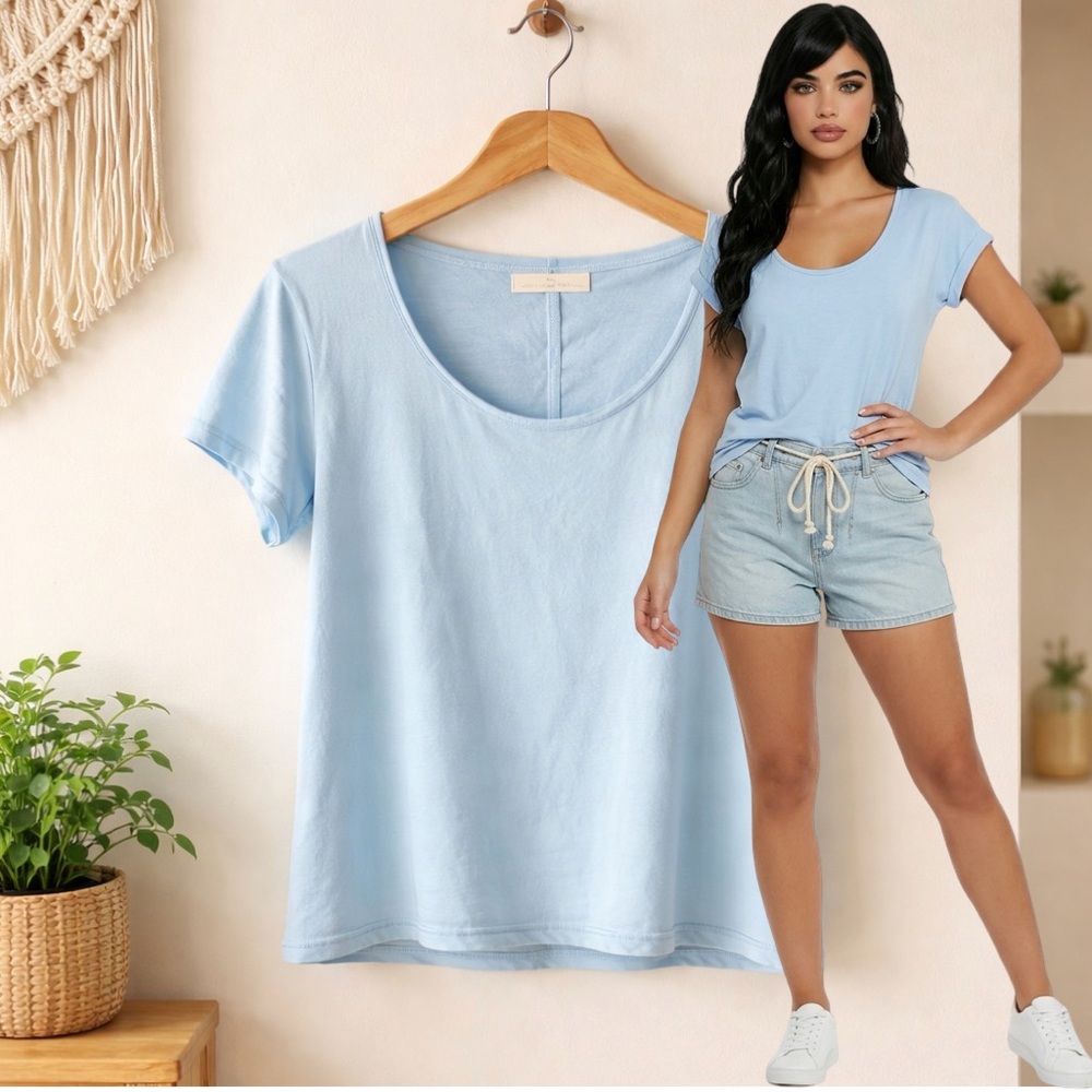🛍️ FREE PEOPLE Dylan Dream Blue Cotton tshirt tee Top Size LARGE